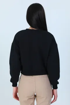 Kadın Şardonlu Ön Baskılı Crop Sweatshirt Siyah