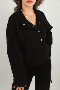 Kadın Şardonlu Ön Çıtçıtlı Crop Sweatshırt Siyah