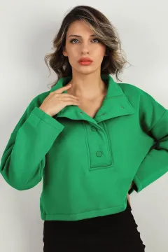 Kadın Şardonlu Ön Çıtçıtlı Crop Sweatshırt Yeşil