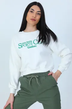 Kadın Şardonlu Ön Nakışlı Crop Sweatshirt Krem