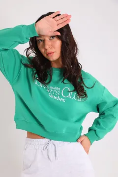 Kadın Şardonlu Ön Nakışlı Crop Sweatshirt Yeşil