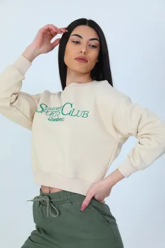 Kadın Şardonlu Ön Nakışlı Crop Sweatshirt Bej