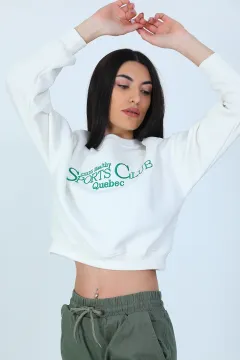 Kadın Şardonlu Ön Nakışlı Crop Sweatshirt Krem