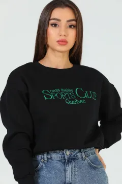 Kadın Şardonlu Ön Nakışlı Crop Sweatshirt Siyah