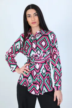 Kadın Saten Geometrik Desenli Bağlamalı Gömlek Pembeyeşil
