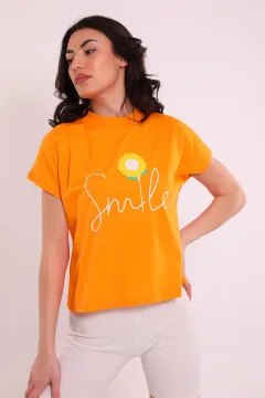 Kadın Smile Baskılı Oversize T-shirt Orange