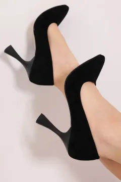 Kadın Süet Sivri Burun Stiletto Topuklu Ayakkabı Siyahsüet