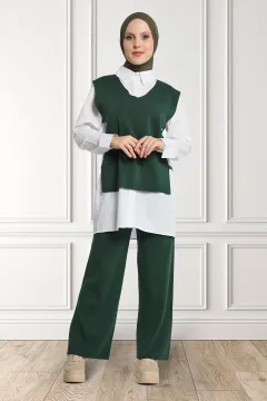 Kadın Süveter Pantolon Gömlek Tesettür Üçlü Takım Yeşil