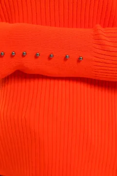 Kadın Tam Balıkçı Fitilli Bilek Boncuk Detaylı Triko Bluz Orange
