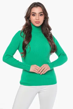 Kadın Tam Balıkçı Fitilli Bilek Boncuk Detaylı Triko Bluz Yeşil