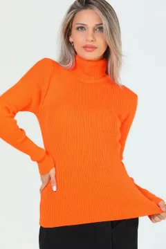 Kadın Tam Balıkçı Yaka Likralı Triko Bluz Orange