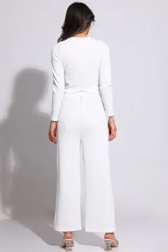 Kadın Taş Detaylı Bluz Pantolon İkili Takım Krem
