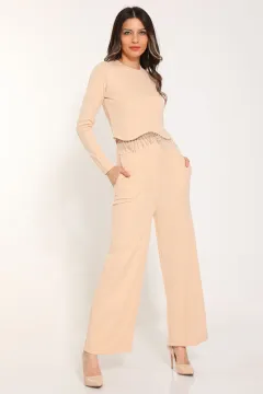 Kadın Taş Detaylı Bluz Pantolon İkili Takım Bej