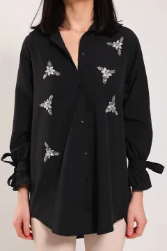Kadın Taş Detaylı Kol Ucu Bağlamalı Tunik Gömlek Siyah