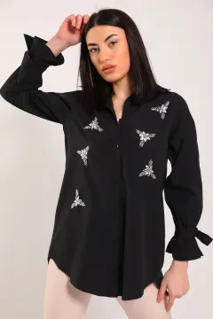 Kadın Taş Detaylı Kol Ucu Bağlamalı Tunik Gömlek Siyah