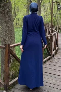 Kadın Taş İşlemeli Drapeli Büyük Beden Tesettür Abiye Saksmavisi
