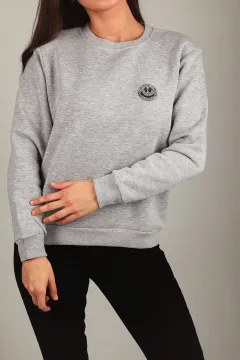 Kadın Taş Nakışlı Üç İplik Şardonlu Sweatshirt Gri