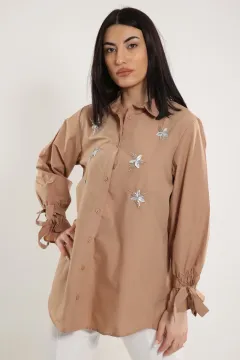 Kadın Taşli Kol Bağlamalı Tunik Gömlek Bisküvi