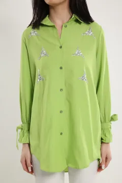 Kadın Taşli Kol Bağlamalı Tunik Gömlek Fıstık Yeşili