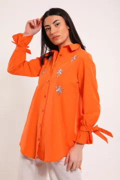 Kadın Taşli Kol Bağlamalı Tunik Gömlek Orange