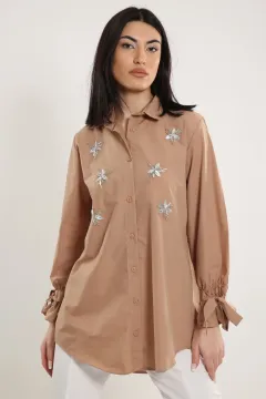 Kadın Taşli Kol Bağlamalı Tunik Gömlek Bisküvi