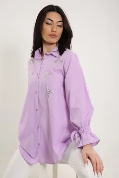 Kadın Taşli Kol Bağlamalı Tunik Gömlek Lila