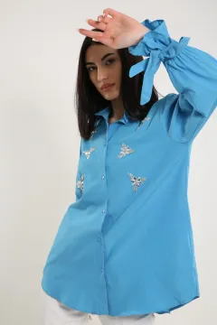 Kadın Taşli Kol Bağlamalı Tunik Gömlek Mavi