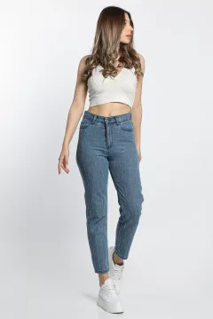 Kadın Taşlı Mom Jeans Pantolon Lacivert