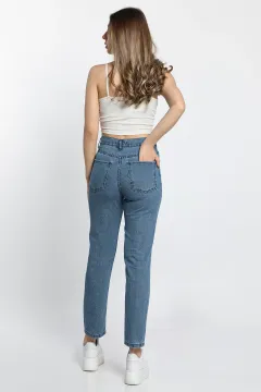 Kadın Taşlı Mom Jeans Pantolon Lacivert