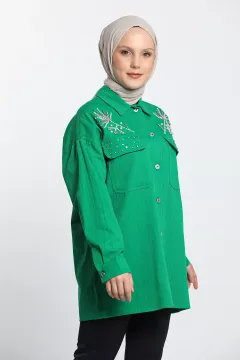 Kadın Taşlı Tesettür Gabardin Gömlek Ceket Yeşil