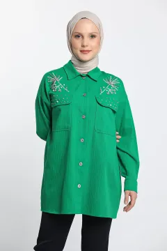 Kadın Taşlı Tesettür Gabardin Gömlek Ceket Yeşil