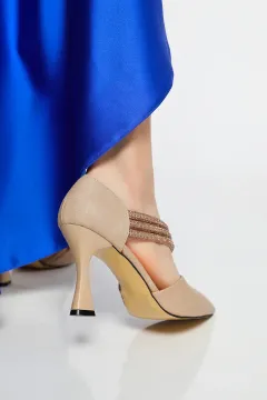 Kadın Taşlı Topuklu Ayakkabı Bej