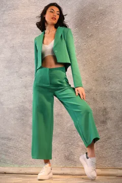 Kadın Tek Düğmeli Astarlı Crop Blazer Ceket Yeşil