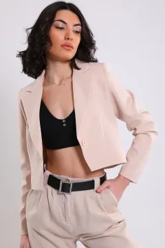 Kadın Tek Düğmeli Astarlı Crop Blazer Ceket Taş
