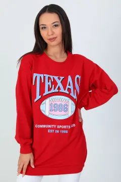 Kadın Teksas Baskılı Salaş Sweat Tunik Kırmızı