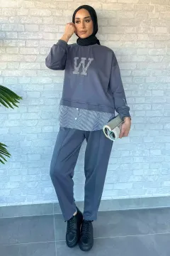 Kadın Tesettür Gömlek Garnili Nakışlı Sweat Pantolon İkili Takım Antrasit