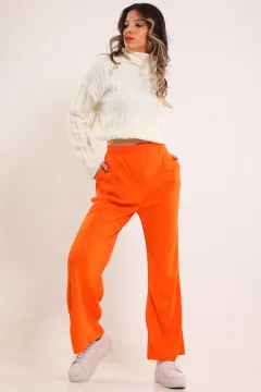 Kadın Cepli Bol Paça Triko Pantolon Orange