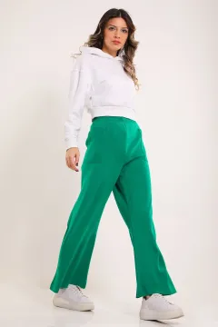 Kadın Cepli Bol Paça Triko Pantolon Yeşil