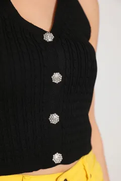 Kadın Triko Sırt Dekolteli Düğmeli Bluz Siyah