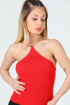 Kadın Triko Sırt Dekolteli Zincir Askılı Bluz Kırmızı
