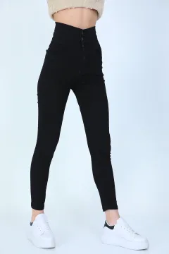 Kadın Üç Düğmeli Likralı Jeans Pantolon Siyah