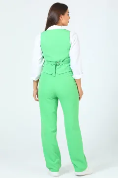 Kadın Gömlek Yelek Pantolon Üçlü Takım Yeşil