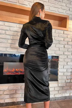 Kadın Uzun Kollu Drapeli Tül Detaylı Kadife Abiye Gece Kıyafeti Siyah