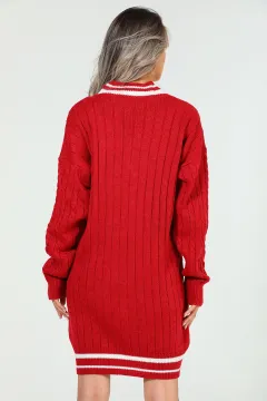 Kadın V Yaka Armalı Örme Triko Tunik Kırmızı