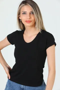 Kadın V Yaka Cepli Basıc Body T-shirt Siyah