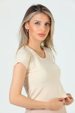 Kadın V Yaka Cepli Basıc Body T-shirt Bej