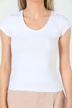 Kadın V Yaka Cepli Basıc Body T-shirt Beyaz