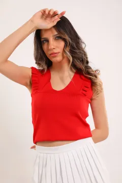 Kadın V Yaka Fırfırlı Triko Bluz Kırmızı
