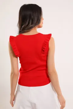 Kadın V Yaka Fırfırlı Triko Bluz Kırmızı