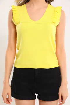 Kadın V Yaka Fırfırlı Triko Bluz Sarı